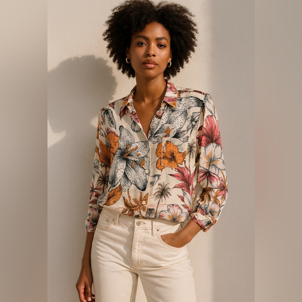 Maaji Cream Floral Button-Up Blouse with Orange and Pink Accents